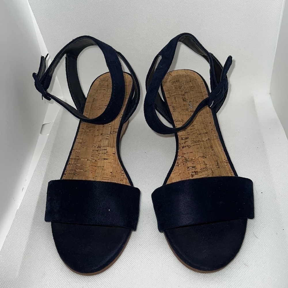 Solanz blue faux suede ankle‎ strap wedge sandals Sz 10